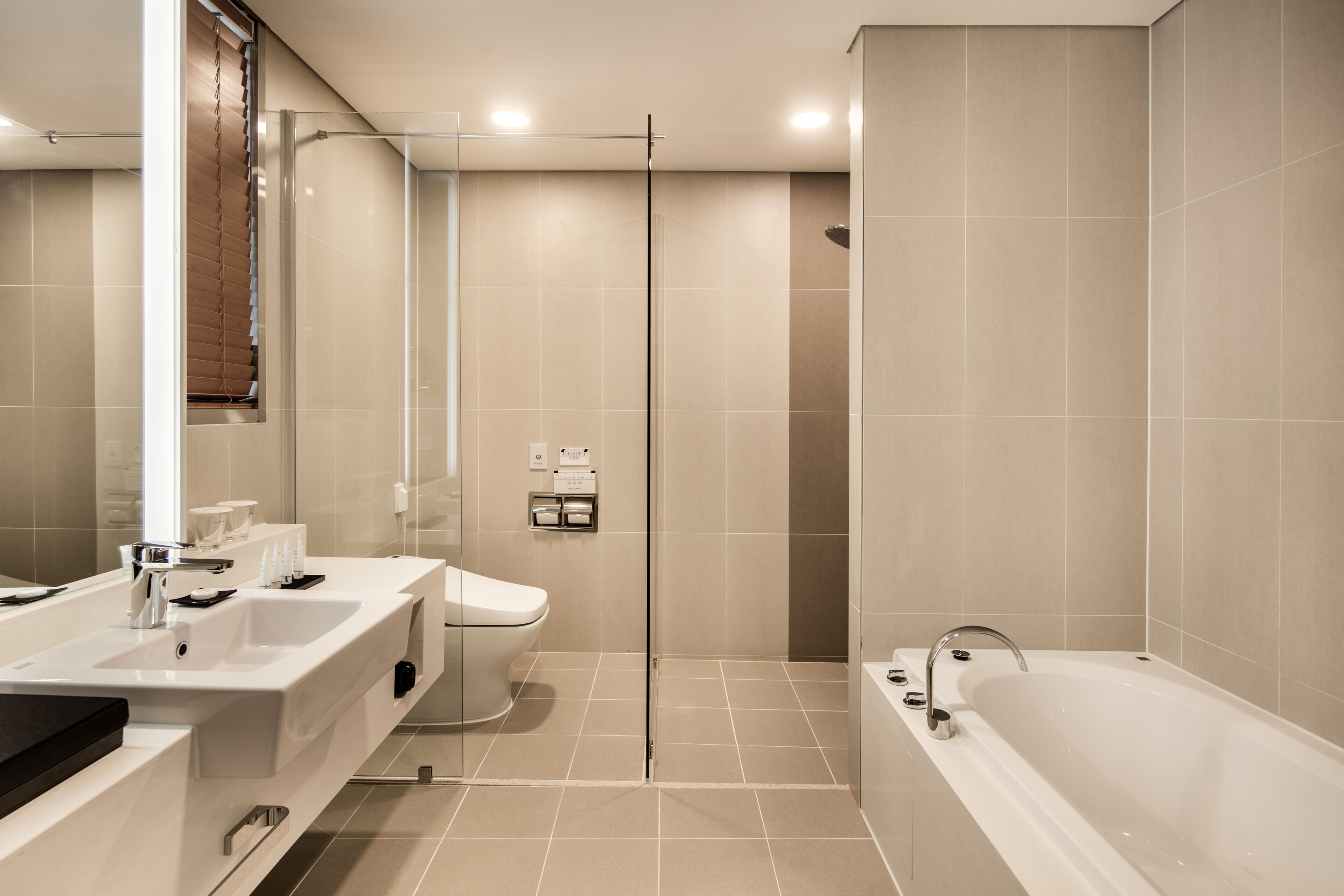 A modern bathroom with a bathtub, a shower, and a toilet.