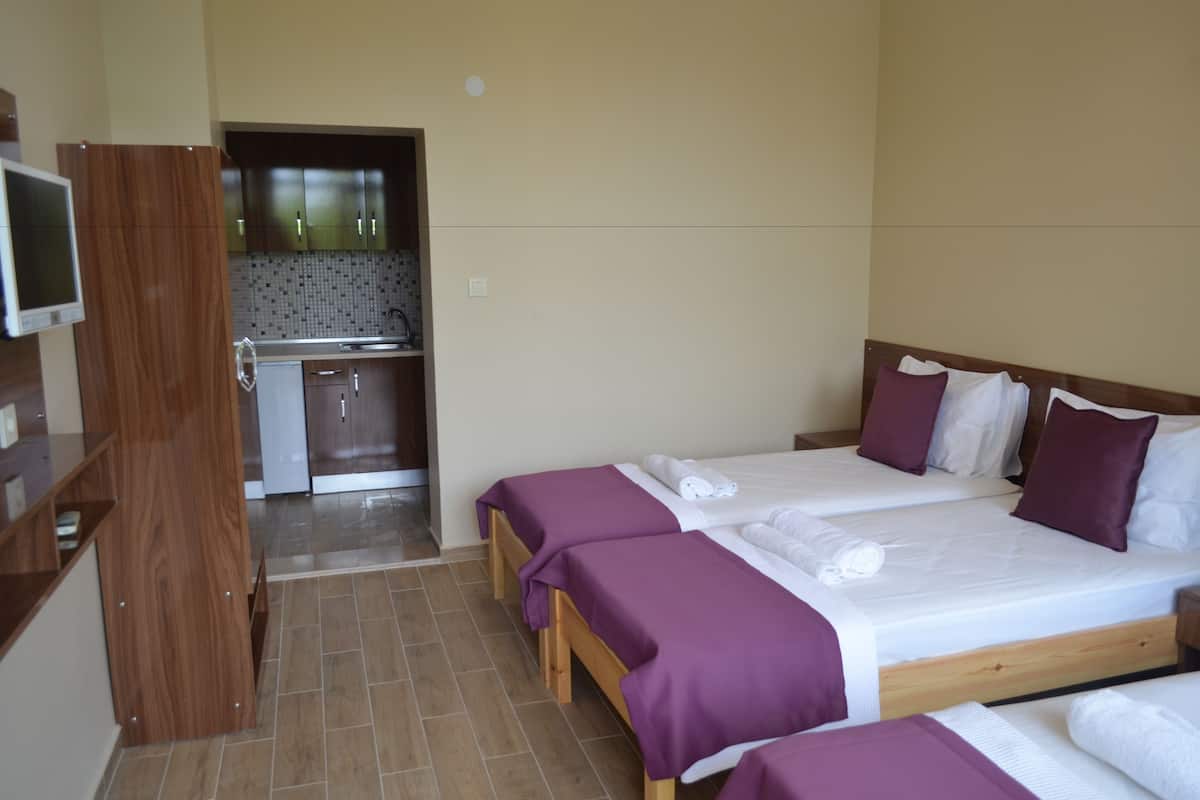 A hotel room with two beds, a wooden wardrobe, a television, and a kitchenette.