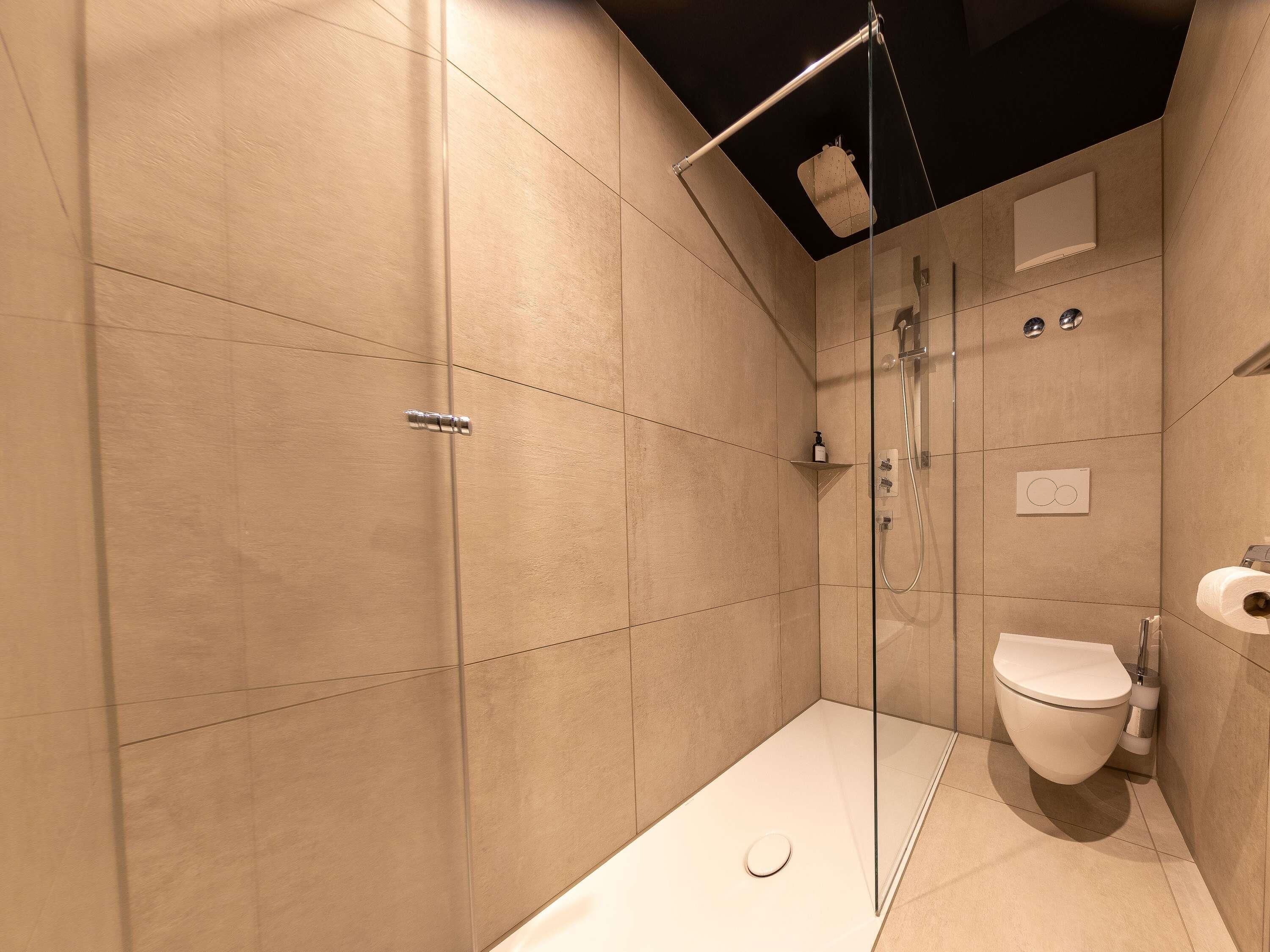 A modern bathroom with a glass-enclosed shower, a toilet, and a sink.