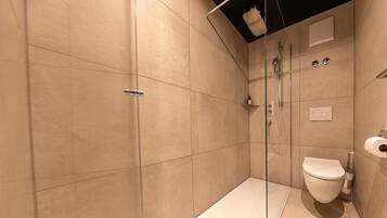 A modern bathroom with a glass-enclosed shower, a toilet, and a sink.