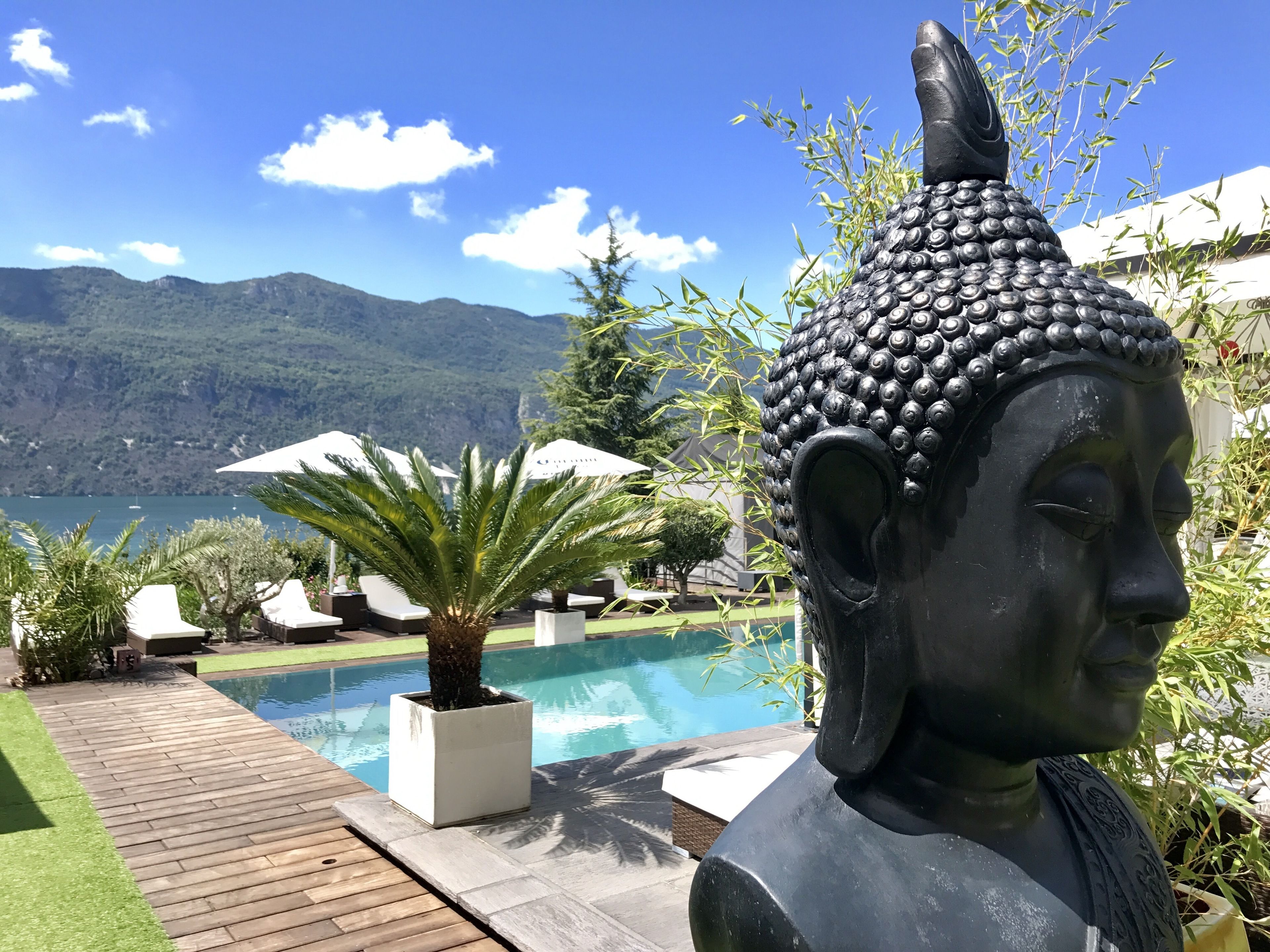 seasonal outdoor pool, pool umbrellas, pool loungers