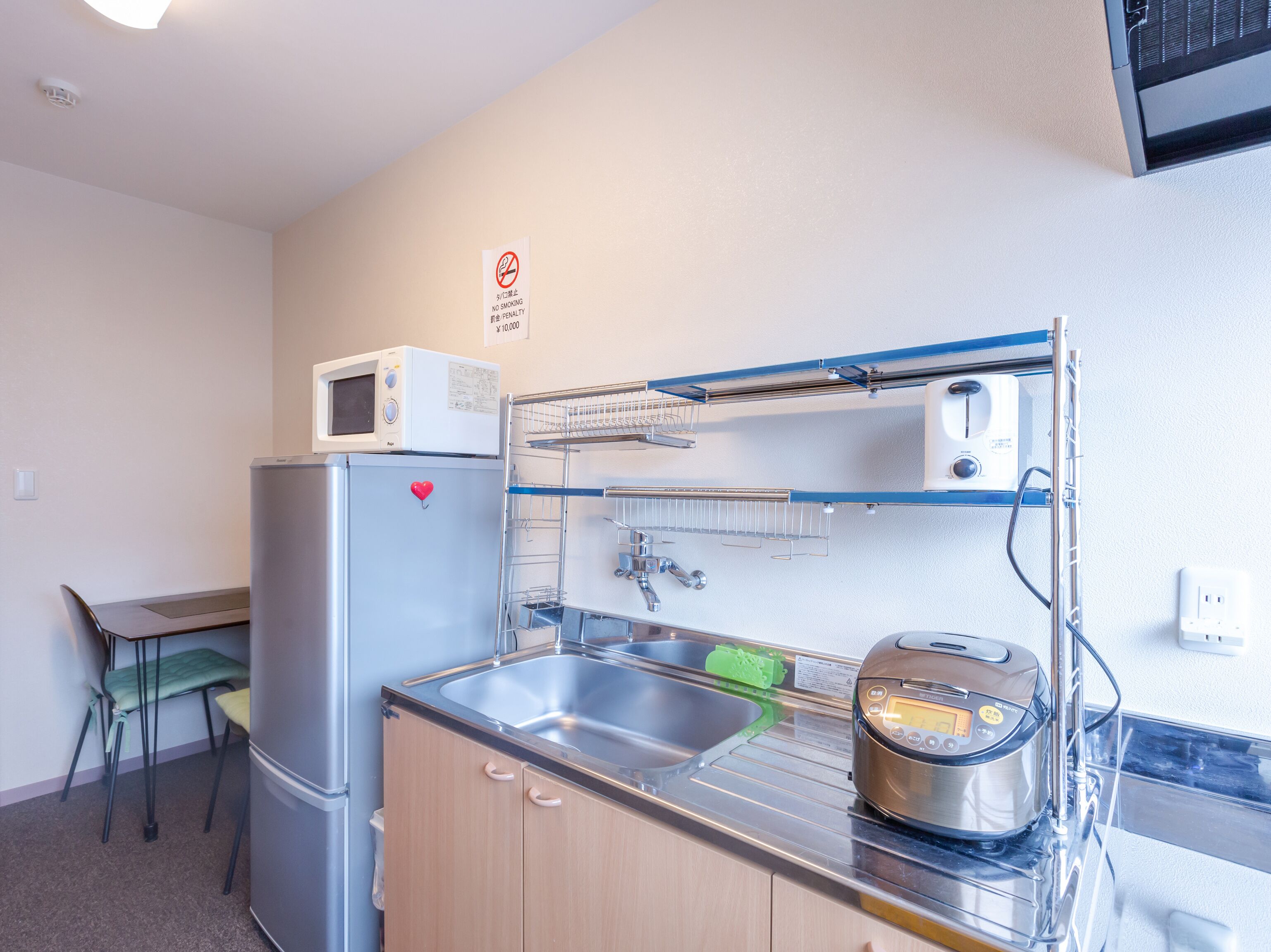 mini-fridge, microwave, electric kettle