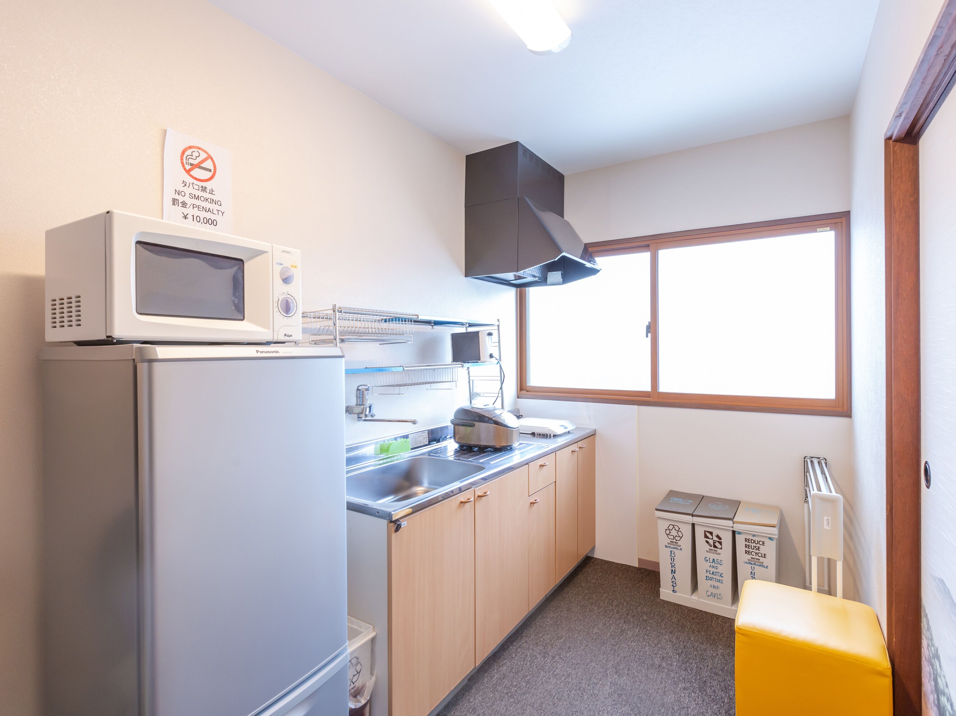 mini-fridge, microwave, electric kettle