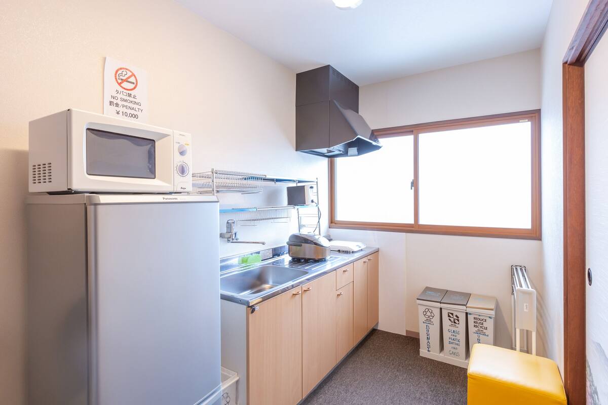mini-fridge, microwave, electric kettle