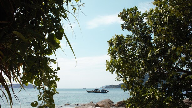 A beach with rocks, a boat, and trees. - Island Smiles Homestay (Da Nang)