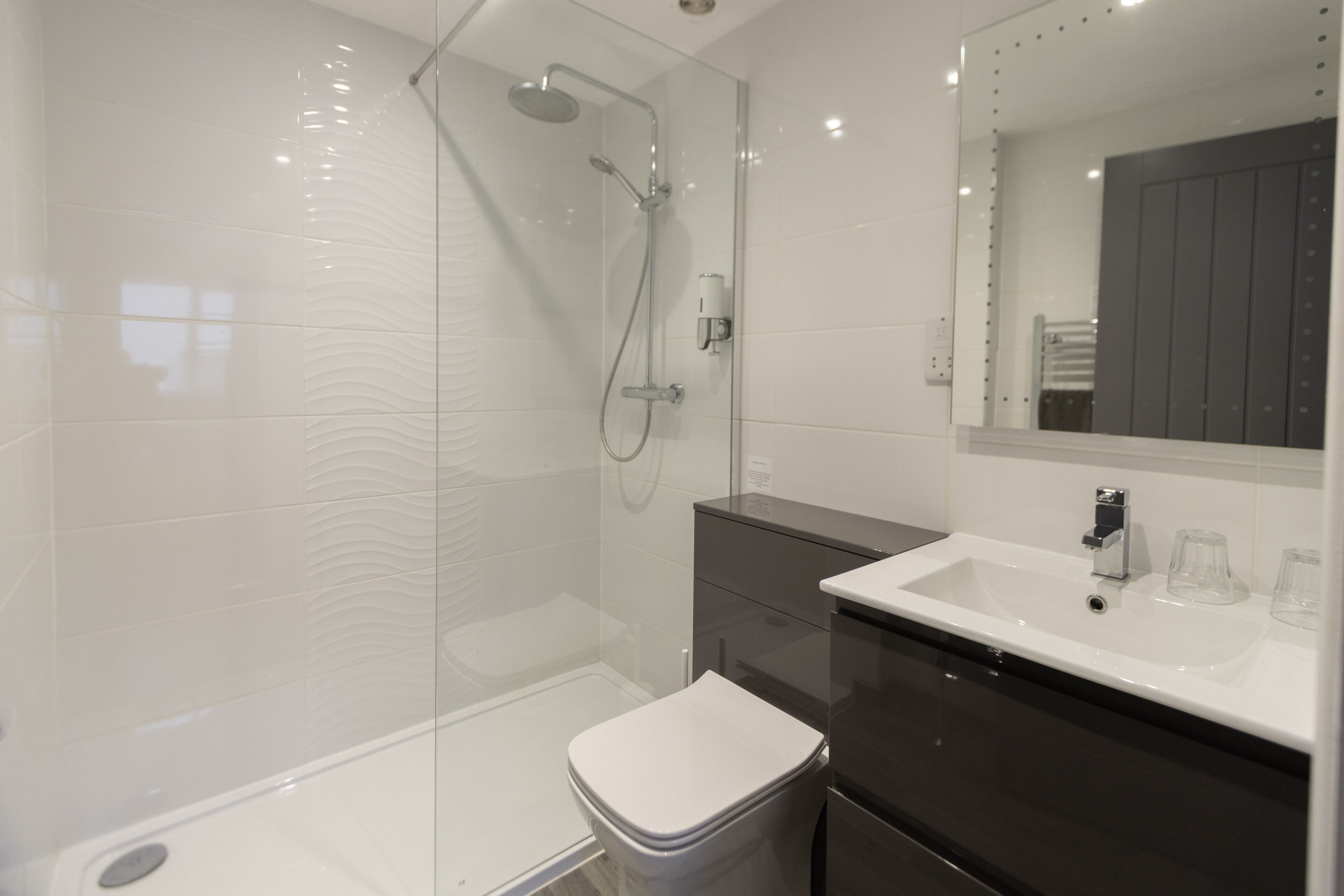 A modern bathroom with a glass-enclosed shower, a white toilet, and a sink with a mirror above it.