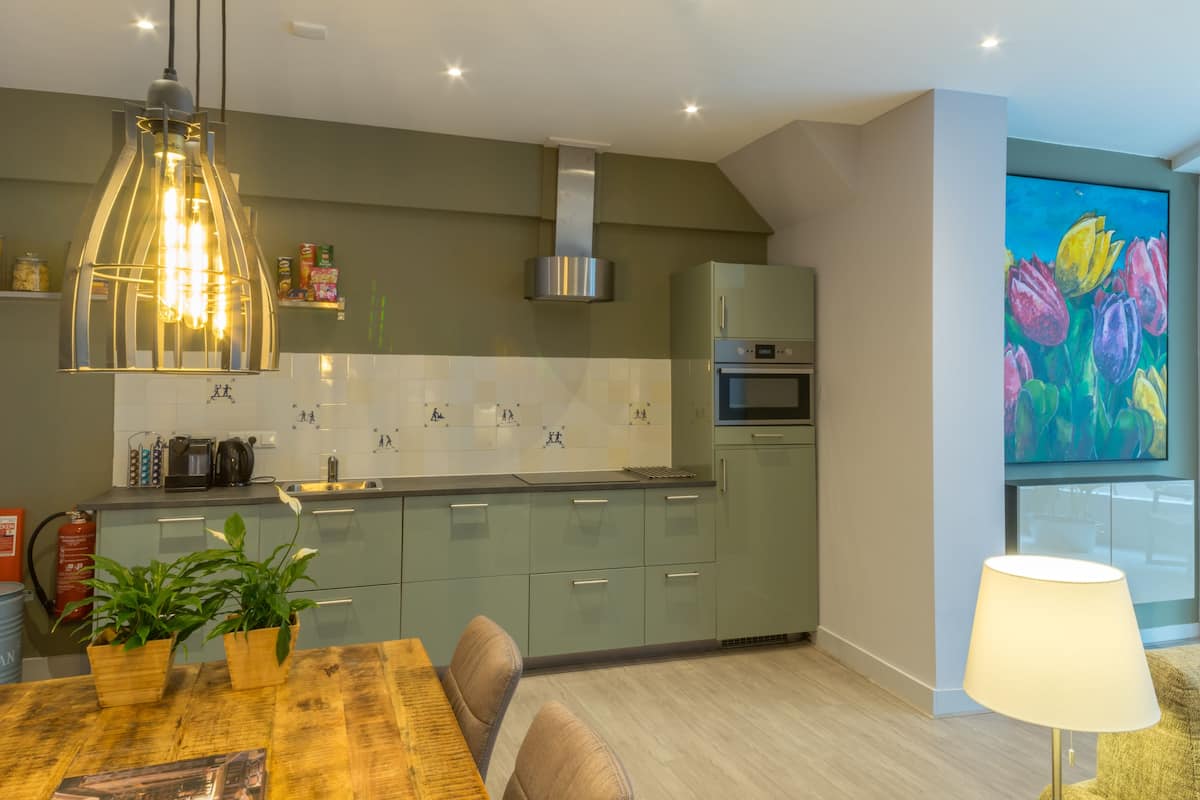 Deluxe appartement, 1 slaapkamer, keuken, op benedenverdieping (Tulp) | Privékitchenette | Een koelkast, een microgolfoven, een kookplaat
