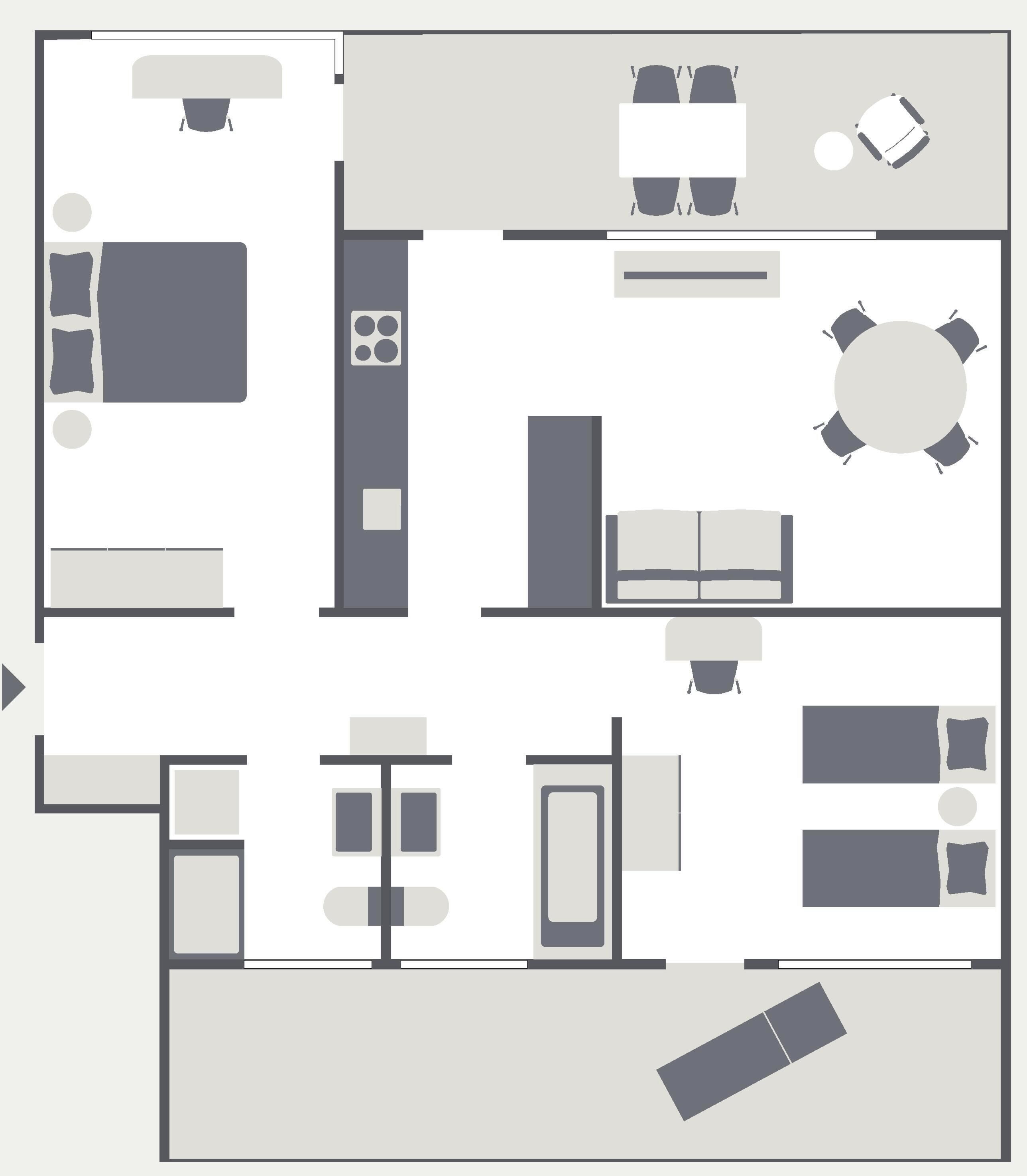 Plano de planta que muestra una sala de estar, una mesa de comedor, cocina y un dormitorio independiente.