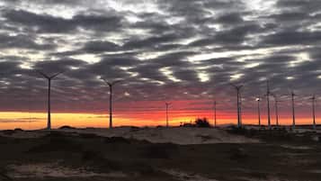 Eine Landschaft mit Windkraftanlagen und einem Sonnenuntergang.