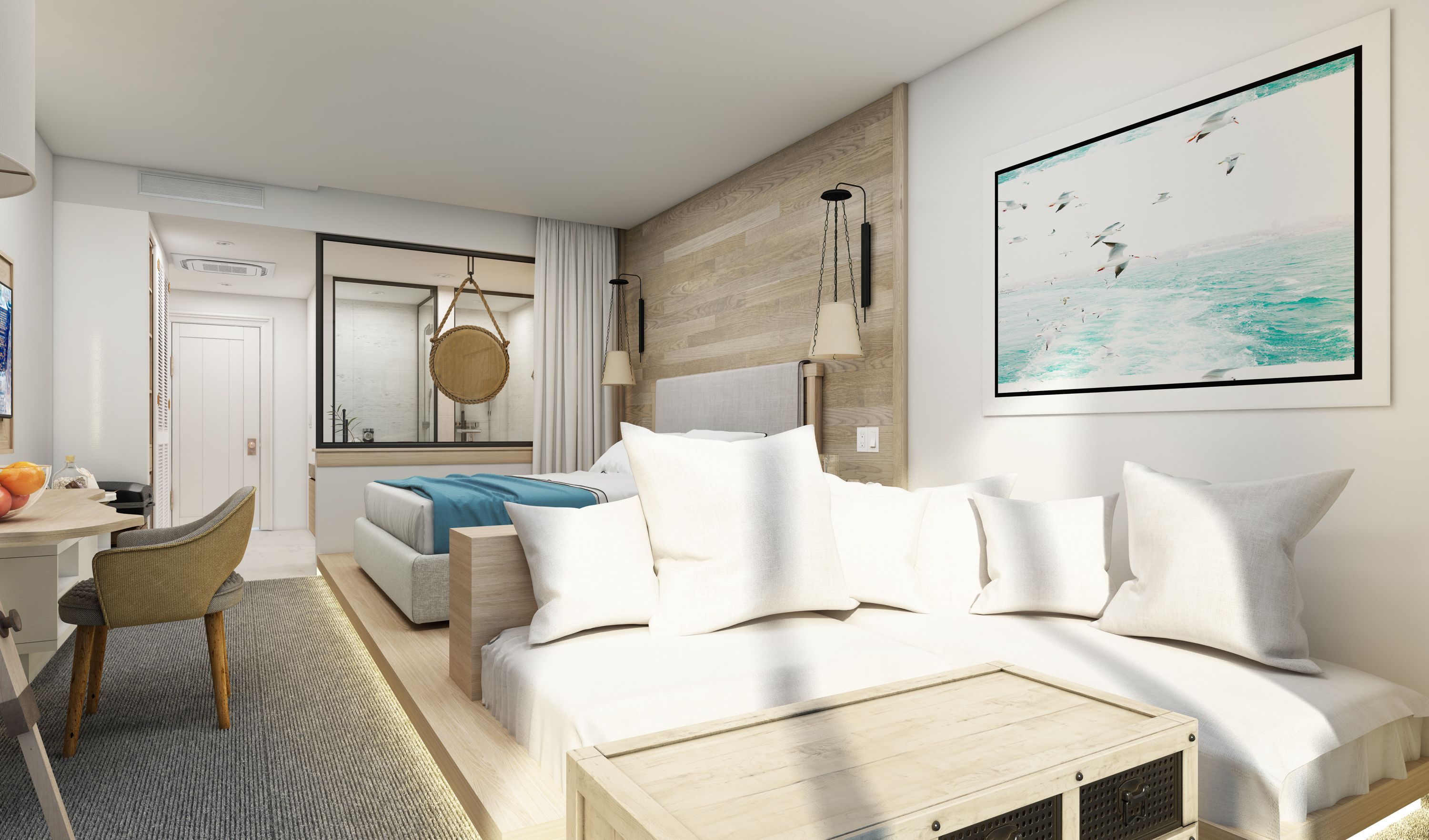 A modern hotel room with a bed, a desk, and a chair. There is a painting of birds on the wall.