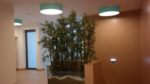 Un couloir avec une grande plante en bambou dans un pot en verre, des murs en bois et des luminaires au plafond.