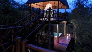 Eine Holzterrasse mit einem strohgedeckten Dach, einem Pool und einer Treppe, die zu einer Plattform führt.