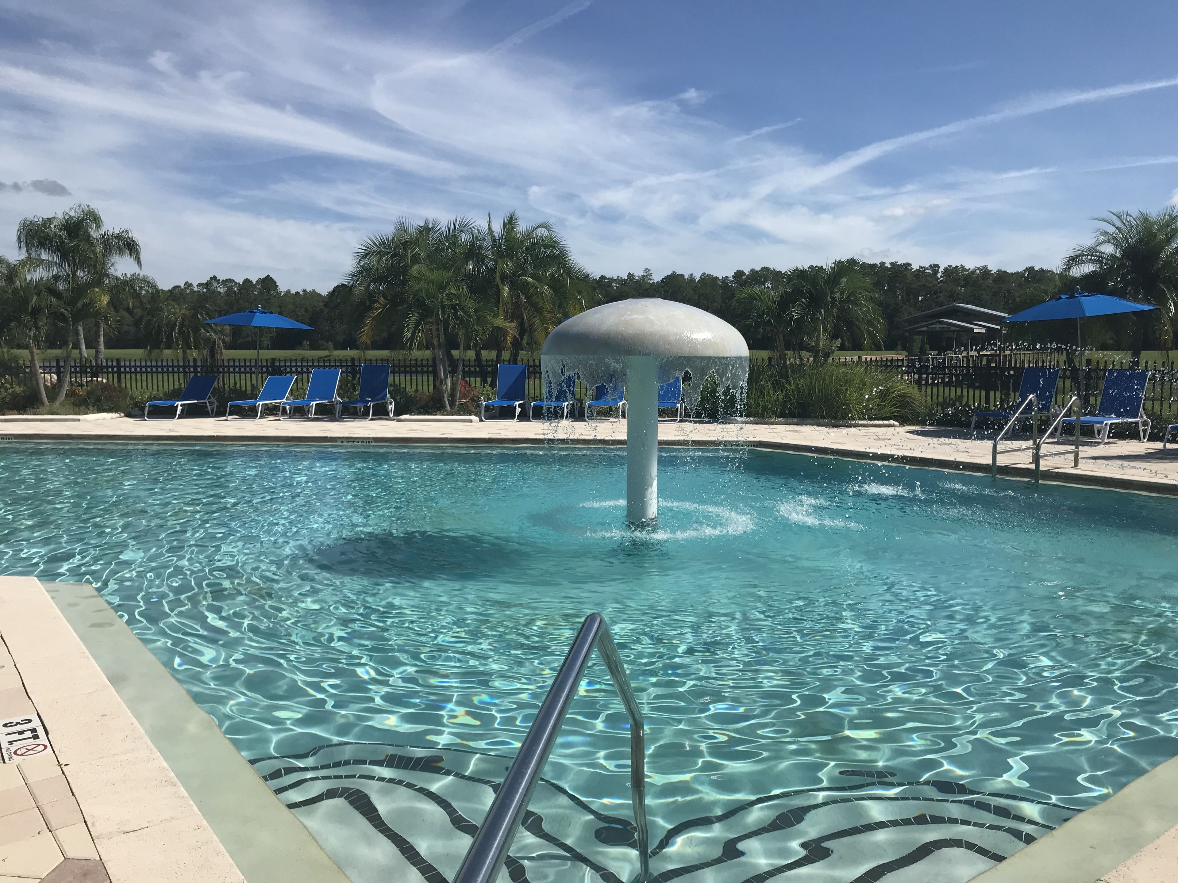 Une piscine aux eaux cristallines, bordée de chaises longues bleues et d’ombrelles, le tout entouré de palmiers.