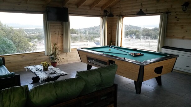A pool table in a room with large windows, a green cushioned chair, and a potted plant. - Hostel Andino (Villa Pehuenia)