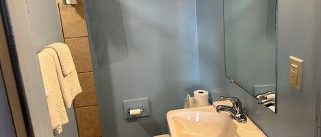 A bathroom with a sink, toilet, and mirror.