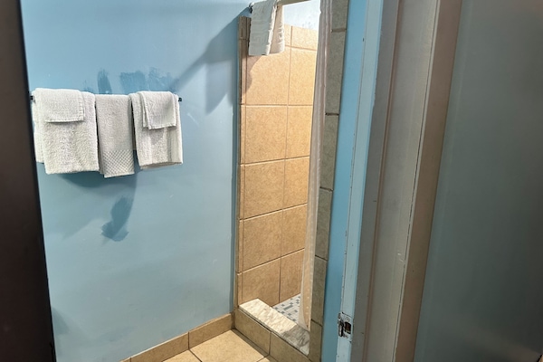 Shower, free toiletries, hair dryer, towels