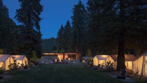 A series of tents with a central building, surrounded by tall trees, in a forested area. - AutoCamp Sonoma (Guerneville)