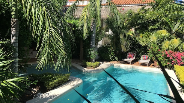 Una piscina rodeada de exuberante vegetación y un edificio blanco con tejado de tejas rojas.