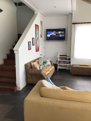Una Smart TV, un reproductor de DVD, libros, una biblioteca de música