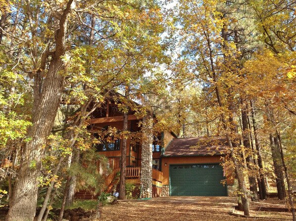 A rustic cabin with a stone foundation, wooden beams, and a green garage door.