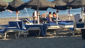 A beach with numbered lounge chairs and umbrellas, a sandy beach, and the ocean in the background. - Beautiful Flat in Fuengirola with terrace sea view and 2 minutes from the beach  (Fuengirola)