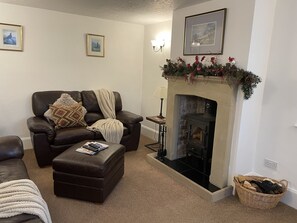 Una Smart TV, una chimenea, un reproductor de DVD, libros