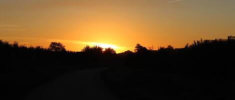 Een zonsondergang boven een landelijk gebied met een onverharde weg die naar de horizon leidt.