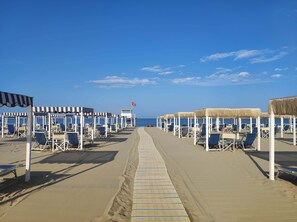 On the beach, sun-loungers