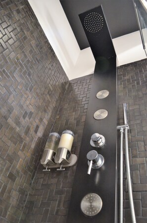 Shower, hair dryer, towels, soap