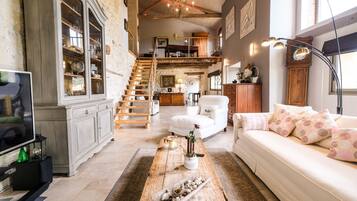 Télévision, cheminée, lecteur de DVD, table de tennis de table