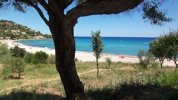 Rannalla, aurinkotuoleja, rantapyyhkeitÀ