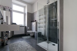 Dusche, Haartrockner, Handtücher, Seife
