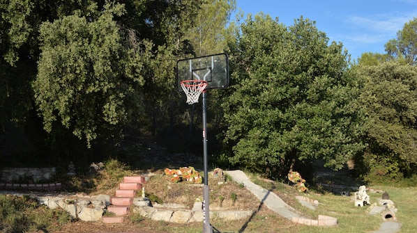 A basketball hoop with a net, surrounded by trees and a stone pathway. - Cottage 2 to 5 people (Saint-Clément)