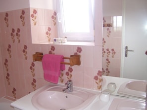 Combined shower/tub, free toiletries, toilet paper