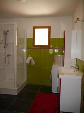 Combined shower/tub, hair dryer, towels
