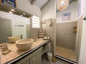 Shower, hair dryer, towels