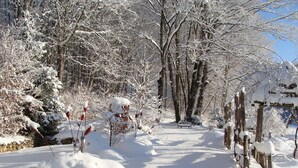 A snow-covered pathway leading to a bench in a park with trees and wooden fences. - A cottage in a garden in Rougegoutte (Rougegoutte)