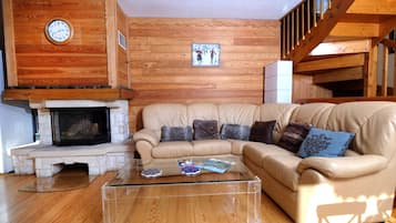 Televisio, takka, DVD-soitin, kirjoja