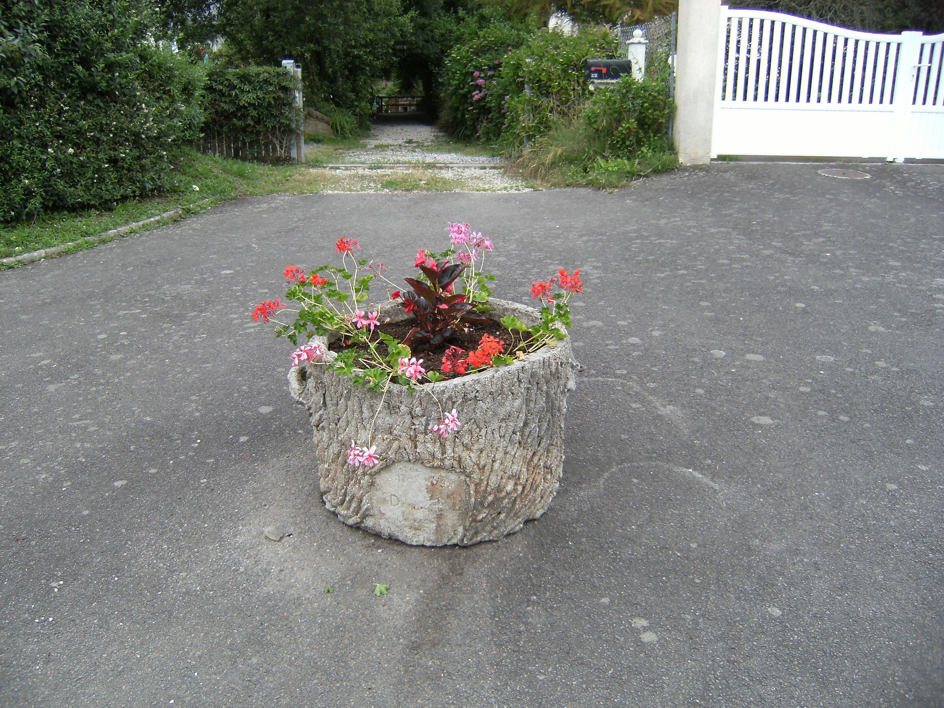 Un bac à fleurs en béton, orné de fleurs rouges et roses, placé sur une route pavée.