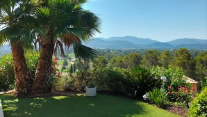 Ein gepflegter Garten mit Palmen, einer Rasenfläche und Blick auf ferne Berge.