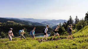 A group of hikers on a grassy hillside with a scenic view of mountains and a lake in the distance.