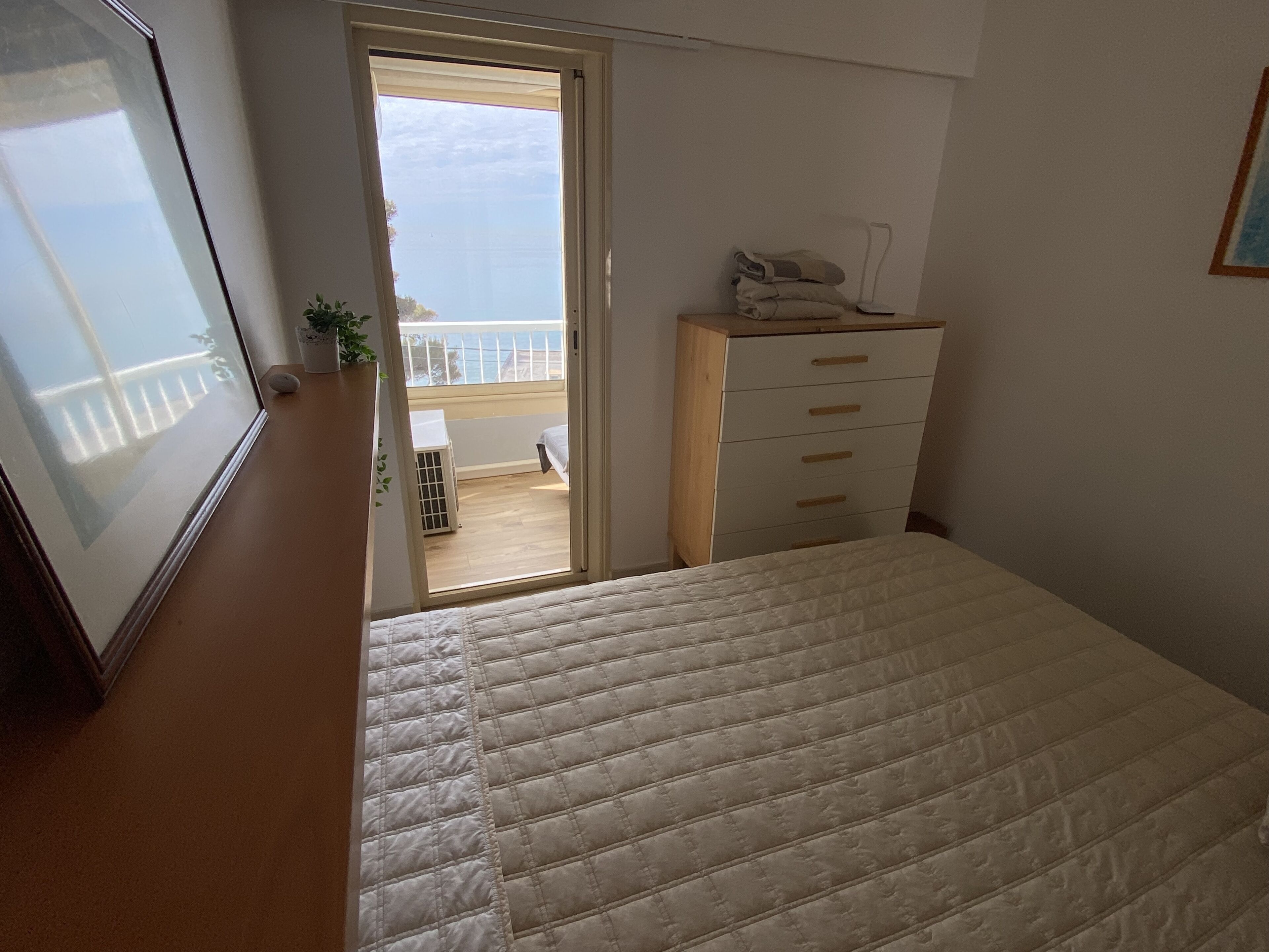 A bedroom with a bed, a dresser, a small plant, and a view of the balcony.