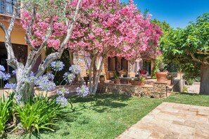 Une cour bordée d’un mur de pierre, une pergola ornée d’arbres à fleurs roses et un espace détente aménagé avec du mobilier d’extérieur.