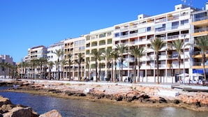 A coastal hotel with multiple balconies, palm trees, and a rocky shoreline. - Cozy bungalow, 2 min walk from the beach. Wi-Fi (Torrevieja)