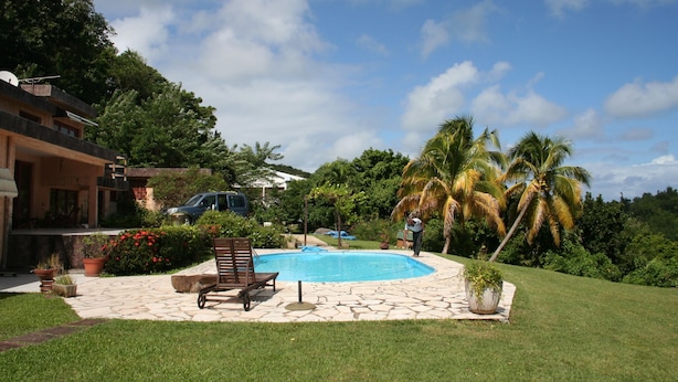 A swimming pool with a stone deck, surrounded by lush greenery and palm trees. - between the sea and the Caribbean sun garden (Trinité)