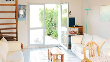 Télévision, lecteur de DVD, table de tennis de table, livres