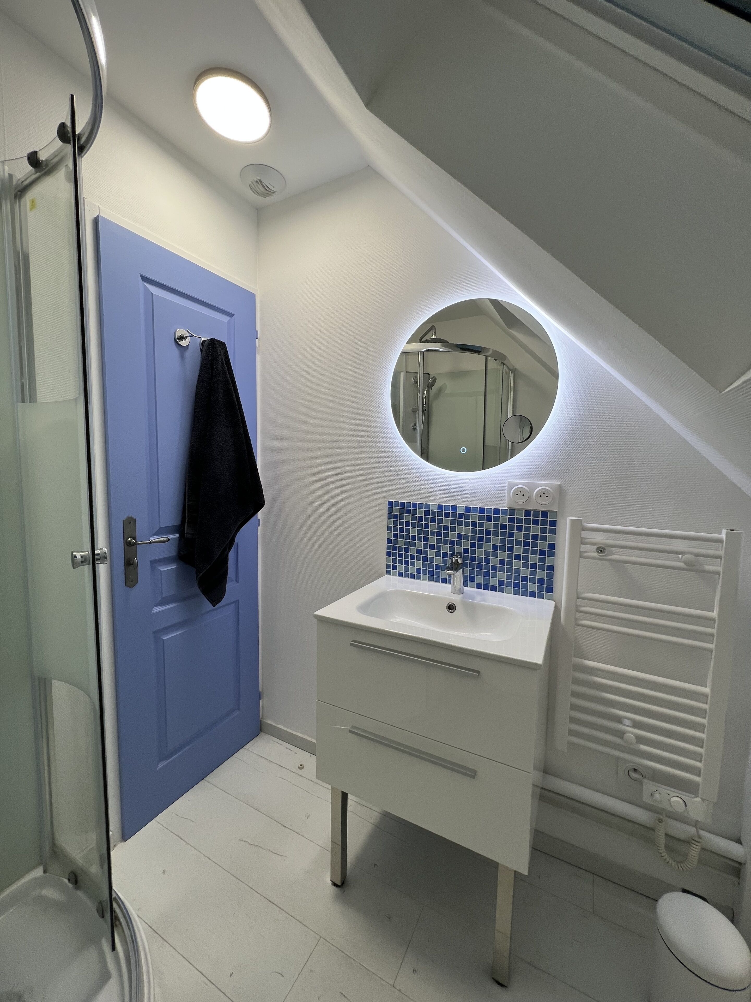 Shower, hair dryer, towels