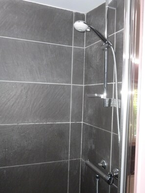 Bathtub, hair dryer, soap, toilet paper