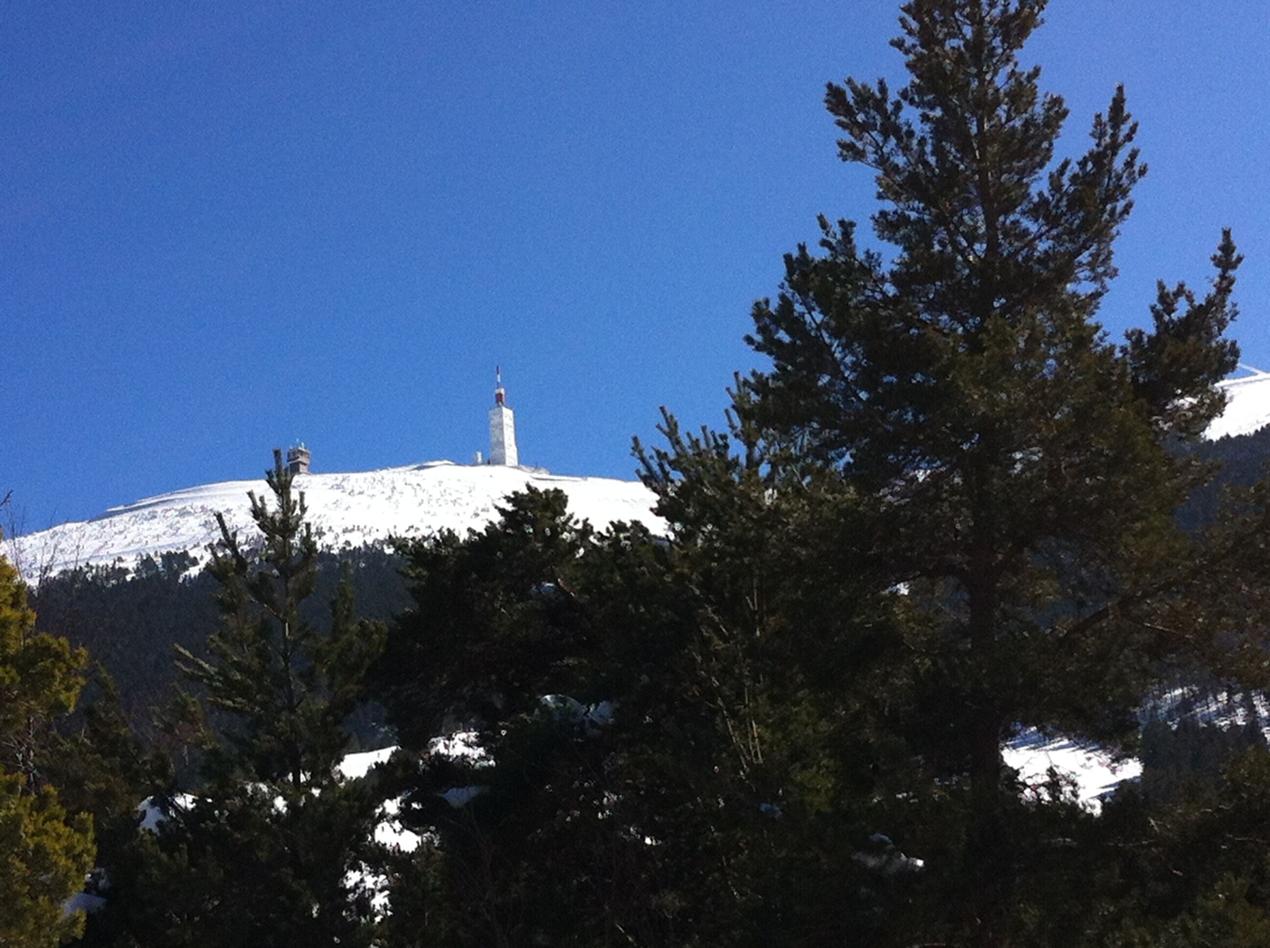 Een met sneeuw bedekte berg met een hoog monument op de top, omringd door bomen.