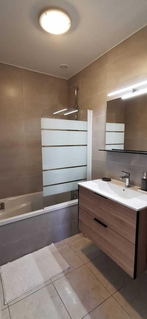 Combined shower/tub, hair dryer, towels, soap